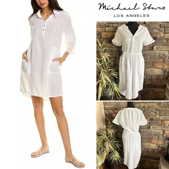 Michael Stars Cecily Crinkle Gauze Collared Dress With Belt | Size S - Picture 1 of 7